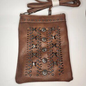 SouthWestern Crossbody Bag Purse Brown Faux Leather Silver Bead Detail Z350